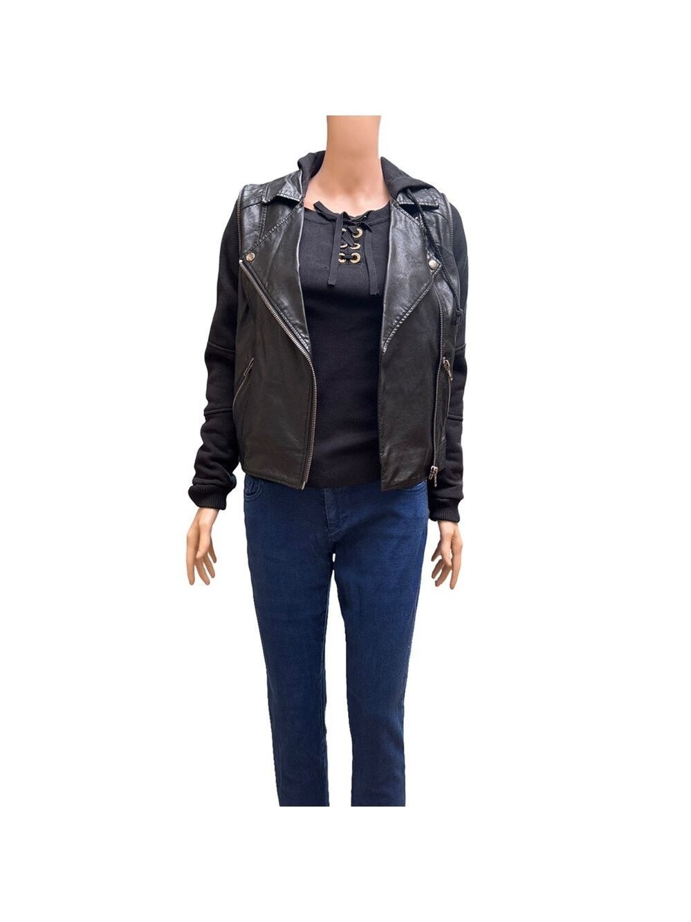 Jolt Black Vegan Leather Hooded Moto Jacket for Women Size Small NWT